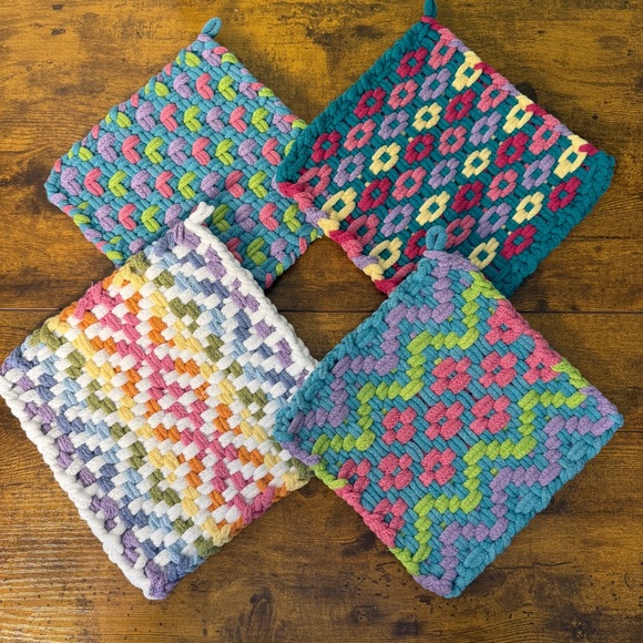 4 Cottage Kitchen Handmade Pot Holder Cotton Loom Hot Pad Trivet 8x8 Boho Gift - Picture 1 of 9